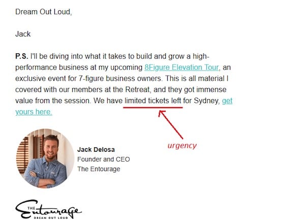 Example of an email sent to subscribers from Jack Delosa from The Entourage.