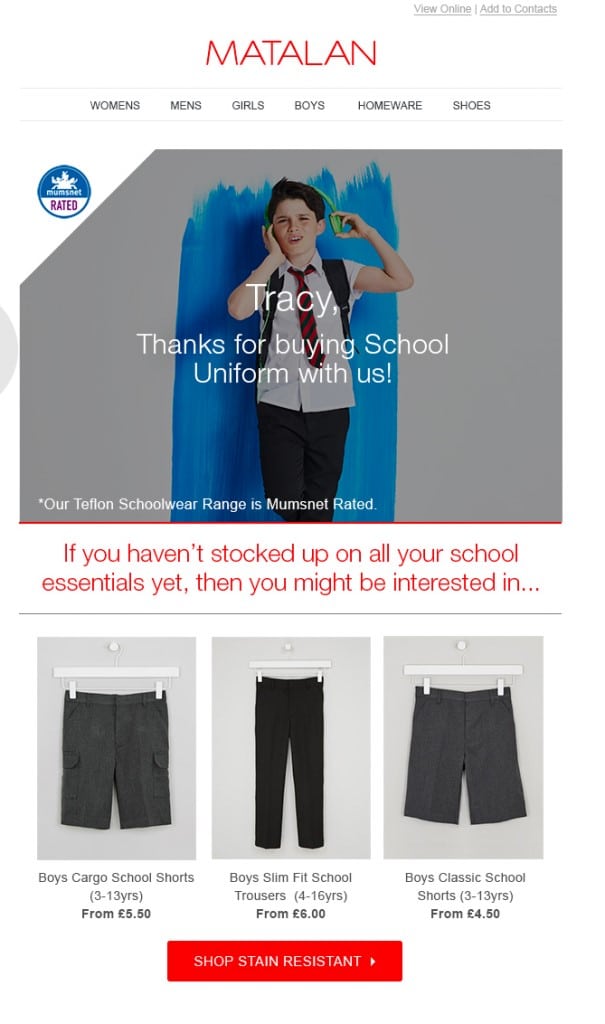 Matalan email ad showing new school essentials and what they offer.
