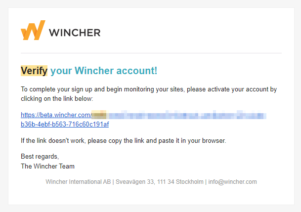 Screenshot of a double opt-in confirmation email from Wincher