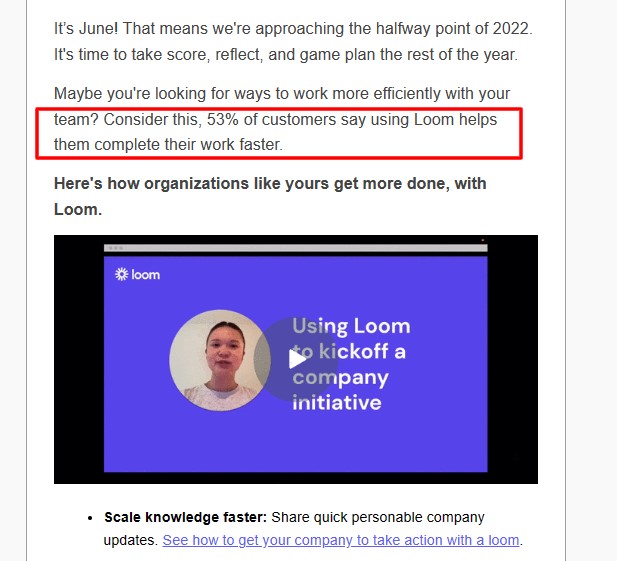 email example from loom showing how loom uses social proof in emails on blue background