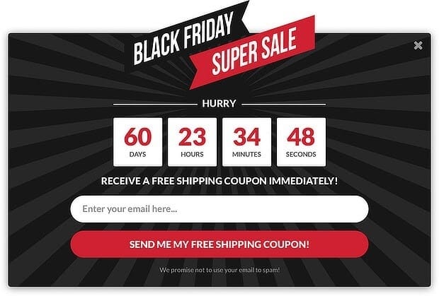 customer psychology tactics example for Black Friday displaying a count down to when the sales will happen