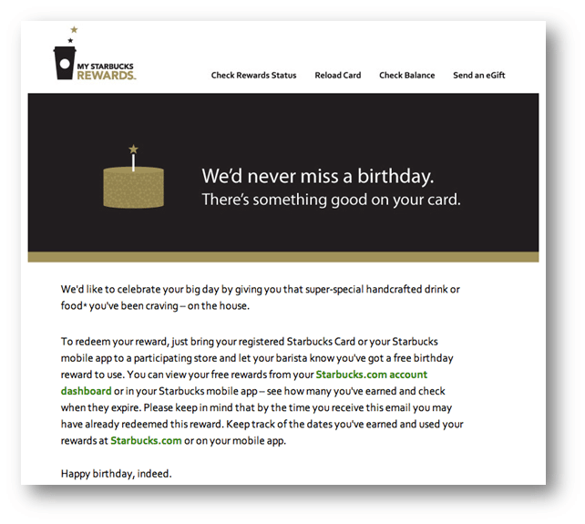 A Starbucks email with a black border and gold trim uses the recipient's birthday as a method of re-engagement. 