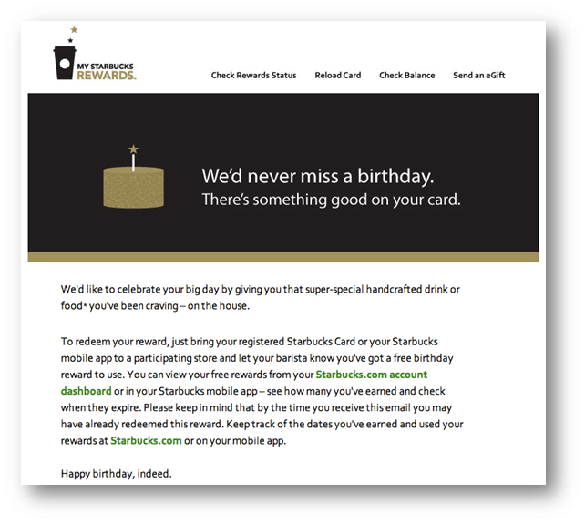 A Starbucks email with a black border and gold trim uses the recipient's birthday as a method of re-engagement.