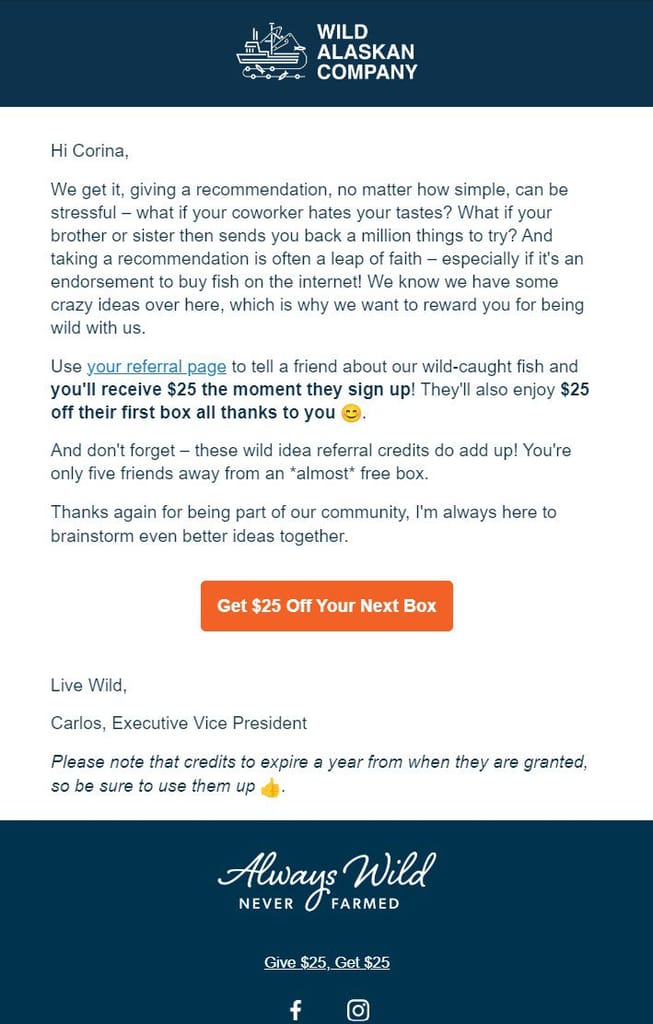 Wild Alaskan Salmon email personalization example showing how brands can still feel personal even when sending bulk emails