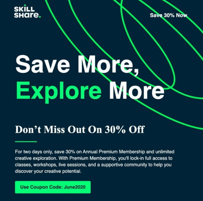 Example of Skill Share Ad offering 30% off with their email coupons