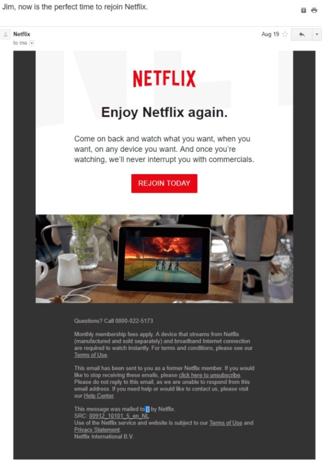 Netflix email marketing requesting the subscriber to return to Netflix after their cancellation.