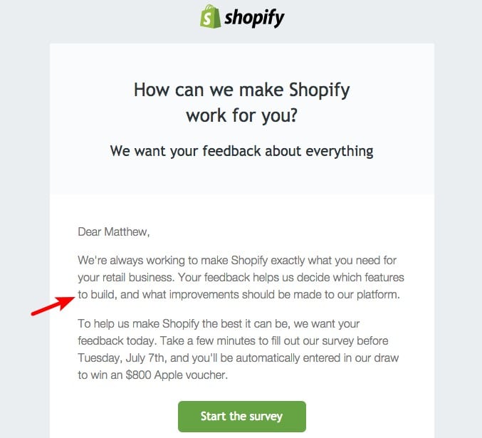 Shopify example of a marketing email asking a customer how their service went and to take a short survey. 