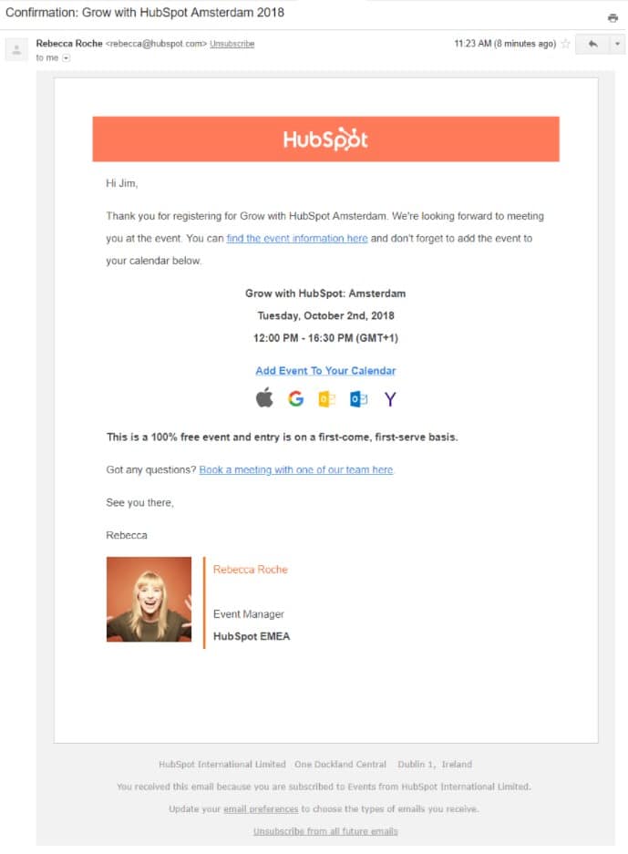 HubSpot email campaign thanking a client for registering.