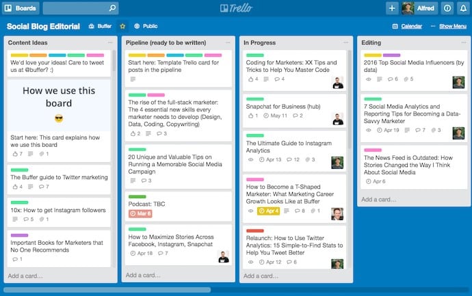 Example of an editorial calendar to help content writing teams stay focused when creating website content. Image shows a Trello dashboard with several tasks presented on a blue background.