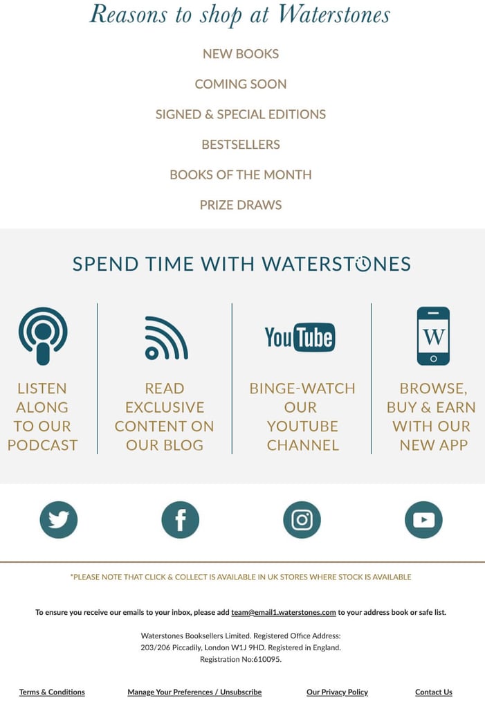 call to action marketing ad stating a Reason to shop at Waterstones. 