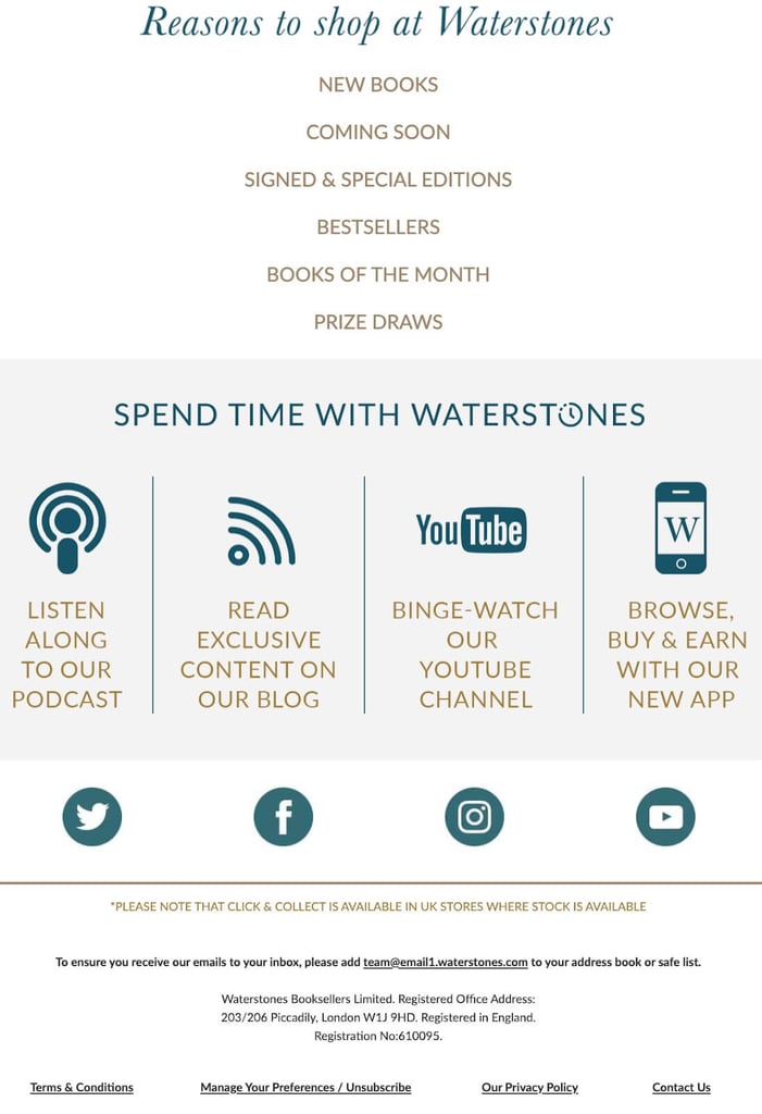 call to action marketing ad stating a Reason to shop at Waterstones.