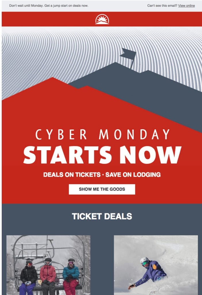 Cyber Monday email with red and slate grey elements shows skiing in a winter landscape.