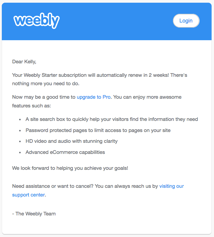 Example to Weebly email marketing. 