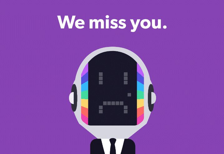 Email with purple background and astronaut says "We miss you."