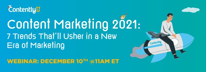 Teal background shows cartoon man riding a rocket advertising 2021 content marketing webinar.