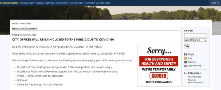 Screenshot shows website with red sign letting customers know the business is temporarily closed.