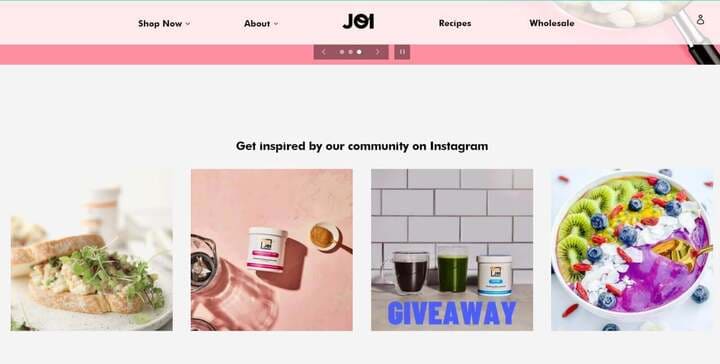 Landing page of Joi shows culinary photography and bright colors.
