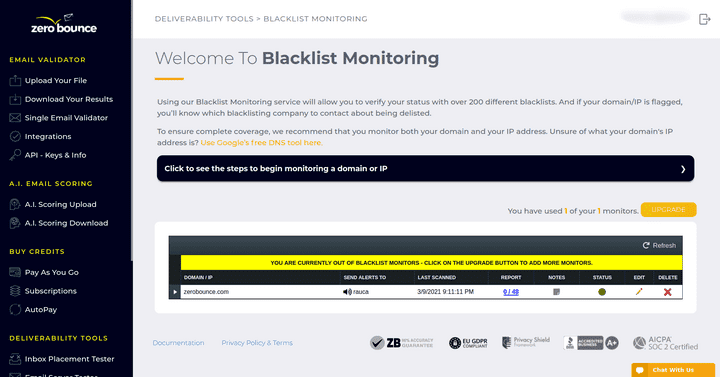 Screenshot of ZeroBounce blacklist monitor from the dashboard.