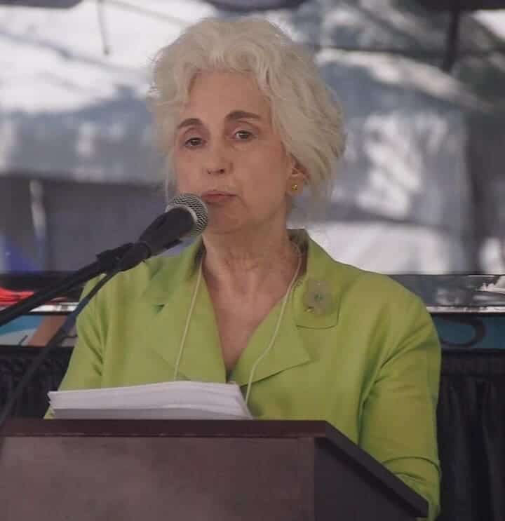 Photograph of Judith Martin wearing lime green shirt at podium.