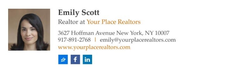 Image showing the email sign-off of a realtor, on a white background. The signature includes a photo, phone number, address and website.