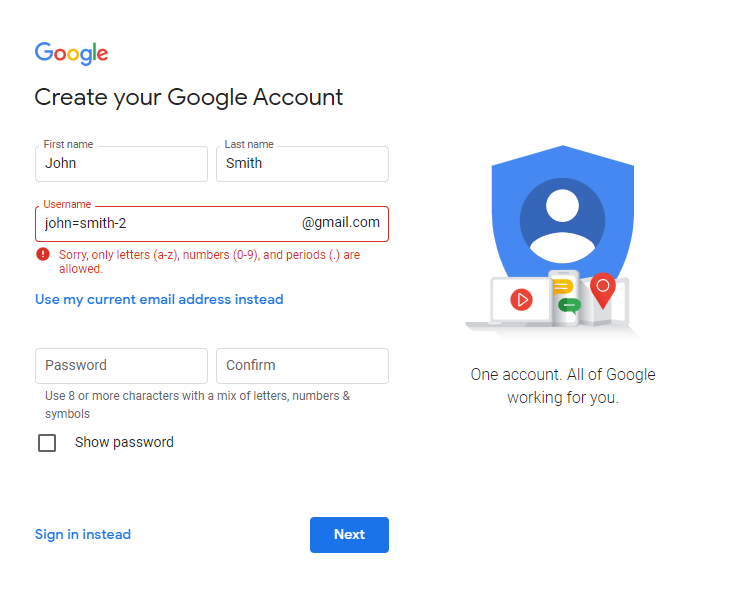 Google account creation screen showing characters that aren't allowed in gmail email address format