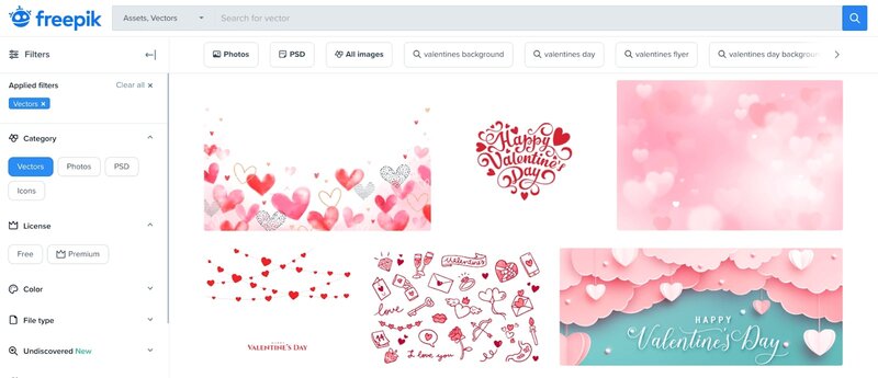 Screenshot from Freepik shows free Valentine's Day images.