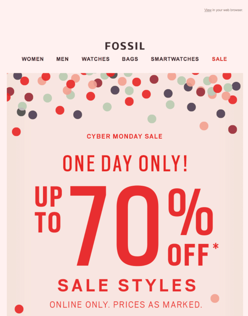 Cyber Monday marketing email from Fossil shows substantial savings on a light pink background with small circles.