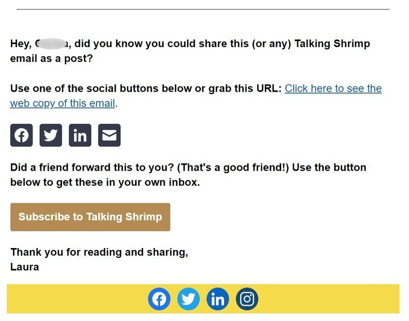 Screenshot of email from Laura Belgray's Talking Shrimp newsletter gives subscribers the CTA to 