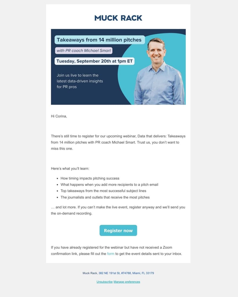Image showing a B2B email marketing example from PR platform MuckRack. Picture of PR pro Michael Smart on dark blue background.