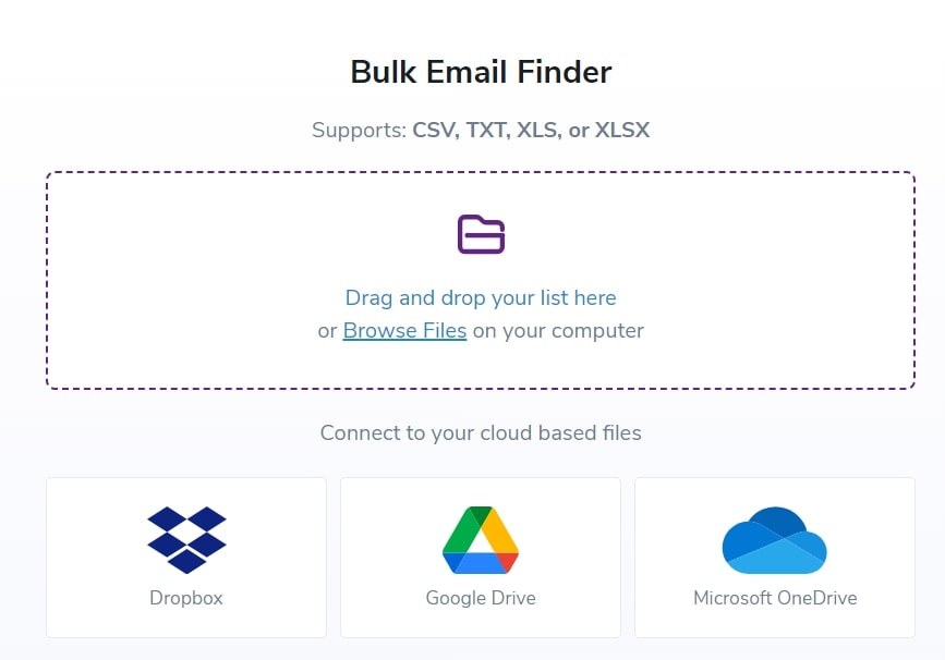 Screenshot of Bulk Email Finders shows the ability to drag and drop your list or browse your computer for the files needed.