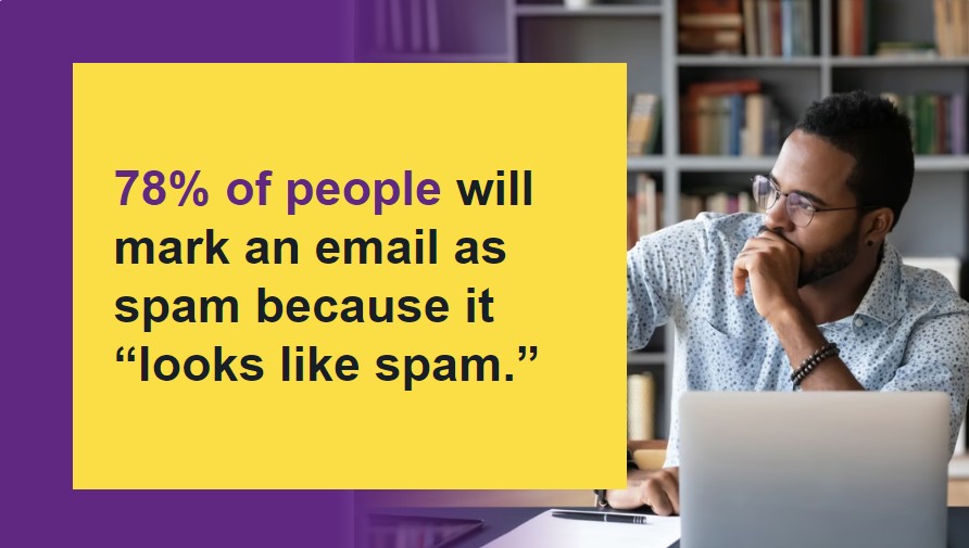 young black man on dark purple background with text about avoiding email spam complaints