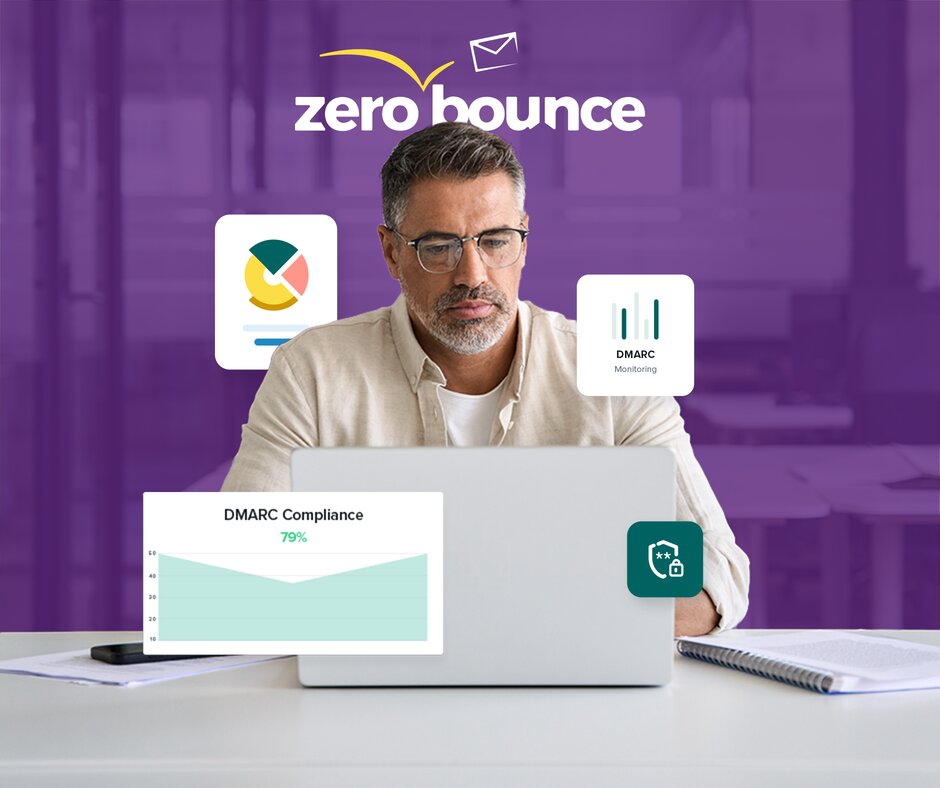 Man with eyeglasses and beige shirt sits in front of a laptop as he examines the DMARC monitor from ZeroBounce. A purple background and ZeroBounce logo are shown.