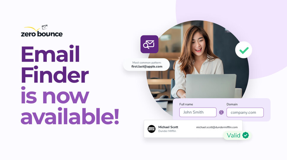 Asian woman is shown seated in front of a lapop as she uses an Email Finder to make contacting new individuals easily. Shown on a light background with lavender shapes.