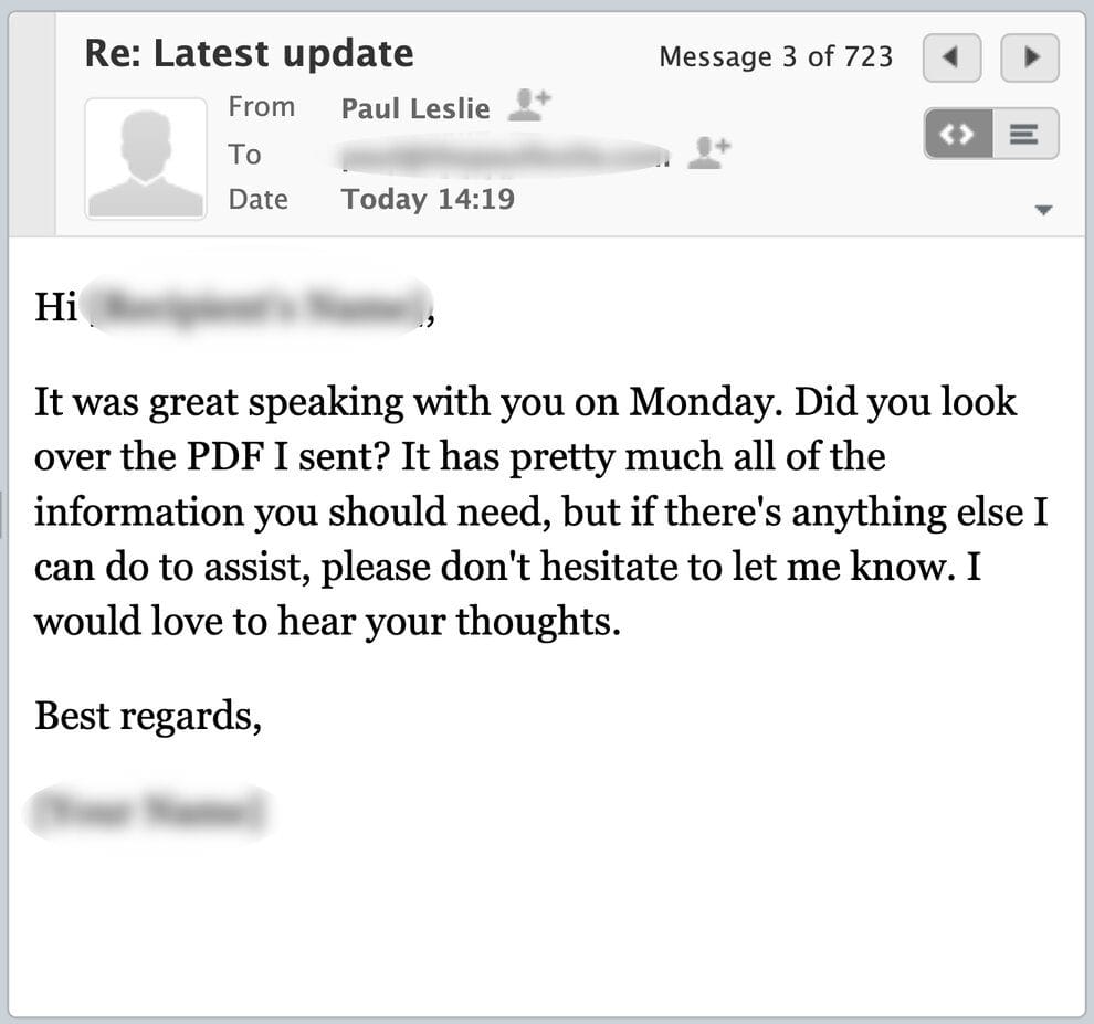 Screenshot of email asking recipient if the PDF was received.