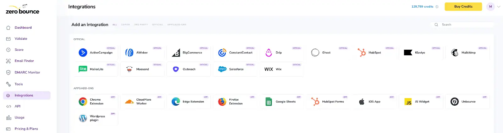 Panel de integraciones de ZeroBounce