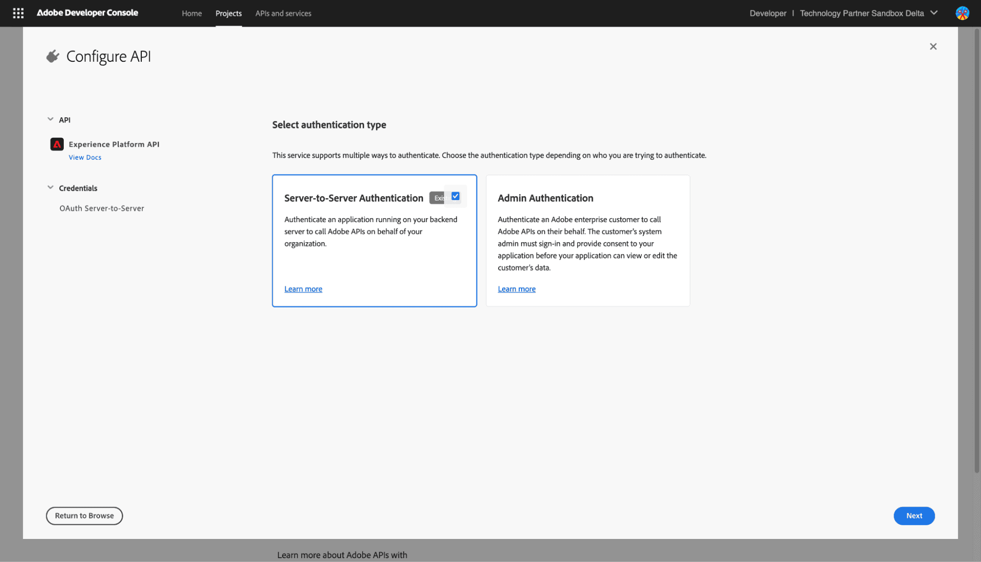 Select Server-to-Server Authentication and click Next