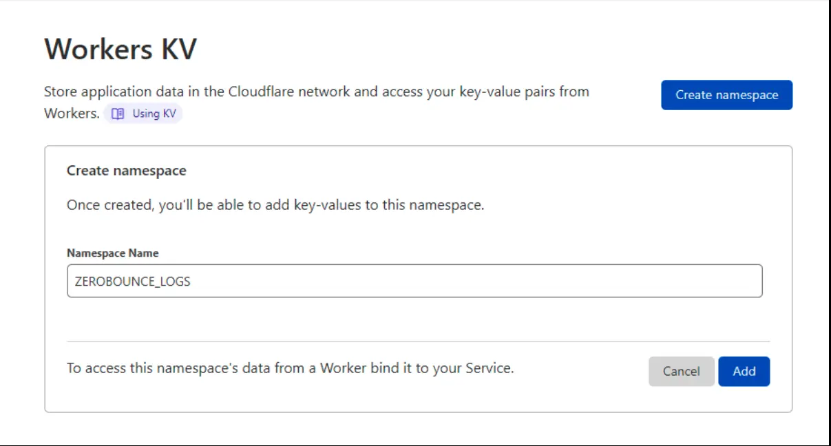 Captura de pantalla del espacio de nombres de Cloudflare Workers KV para almacenar registros de validación de correo electrónico