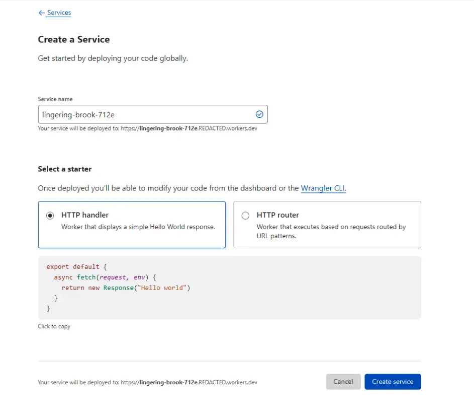 Una captura de pantalla del menú de Cloudflare Workers donde puede crear un servicio para la integración de ZeroBounce Cloudflare Worker