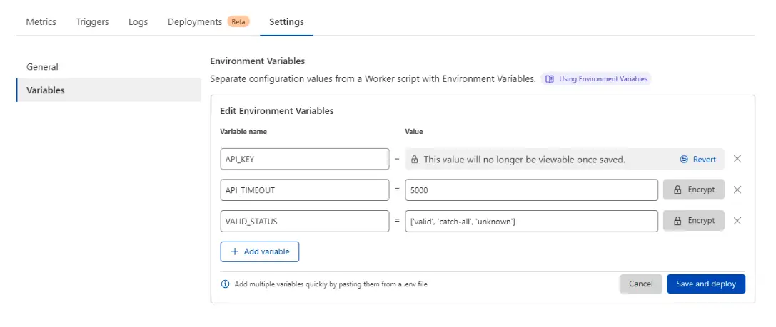 Ejemplo de cómo crear variables para usar en la integración de ZeroBounce Cloudflare Worker