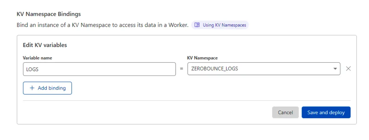 Ejemplo de cómo crear registros para la integración de validación de correo electrónico de ZeroBounce Cloudflare Worker