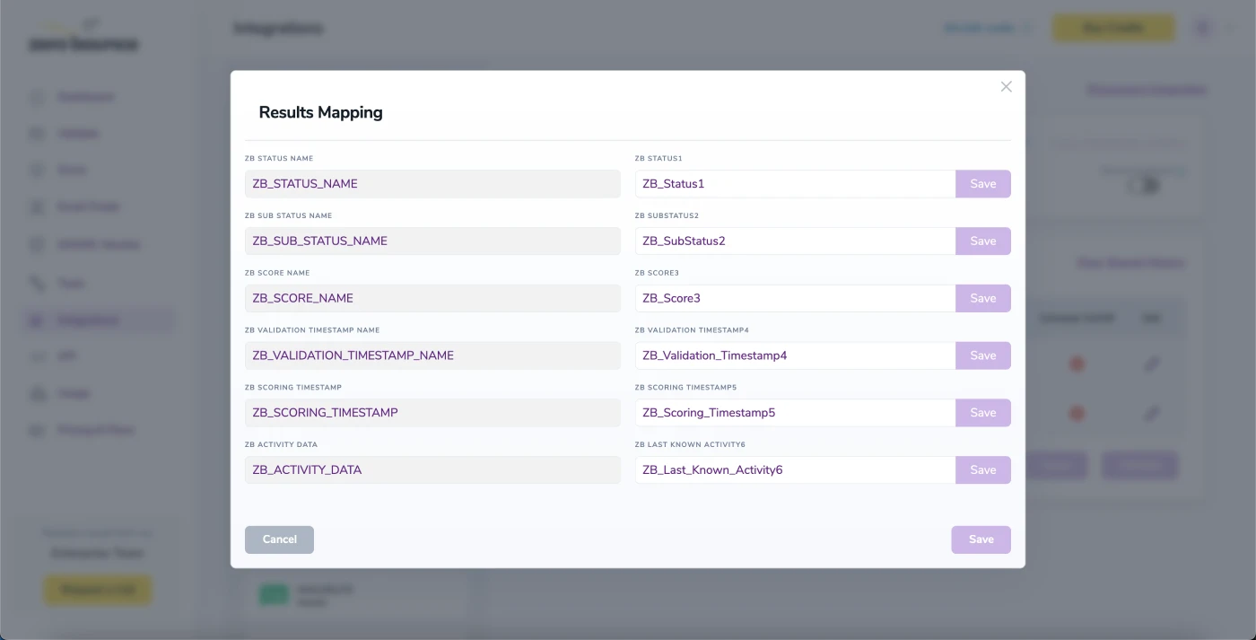 The ZeroBounce integration Results Mapping menu.