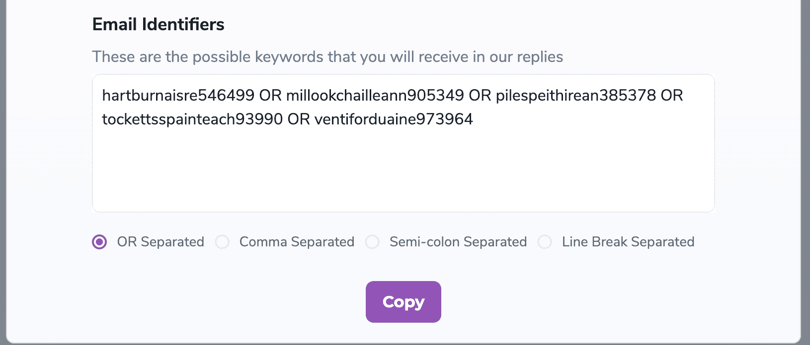 Identificadores de correo electrónico - Puedes usar estas palabras para identificar las respuestas recibidas de nuestras semillas y filtrarlas.