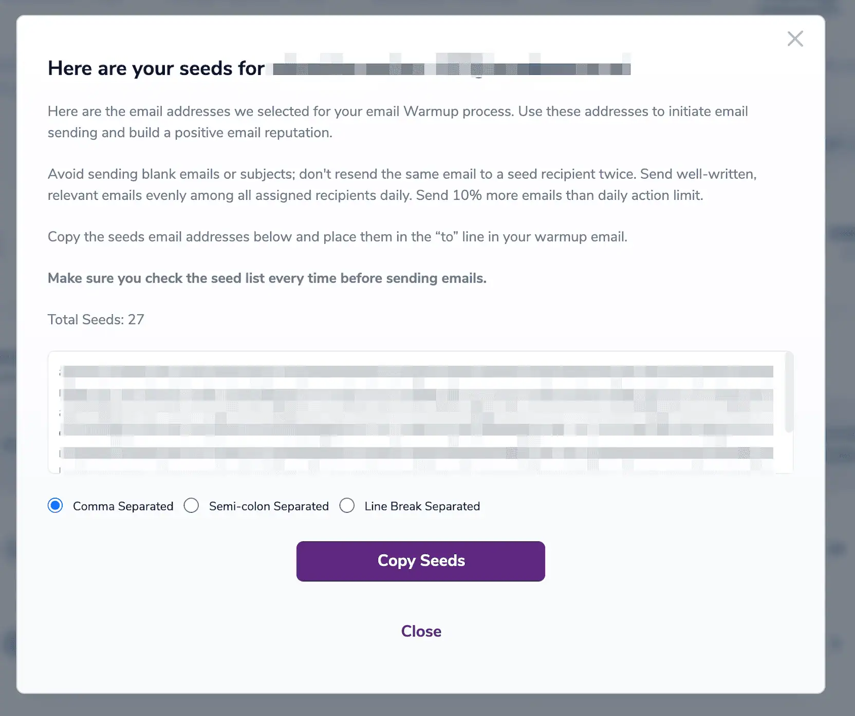 Modal de semillas personalizadas de calentamiento