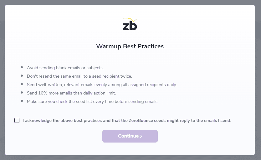 Modal que muestra las Mejores Prácticas de Warmup y la confirmación del reconocimiento