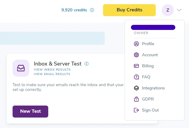Captura de pantalla del panel de control y configuración de perfil de ZeroBounce