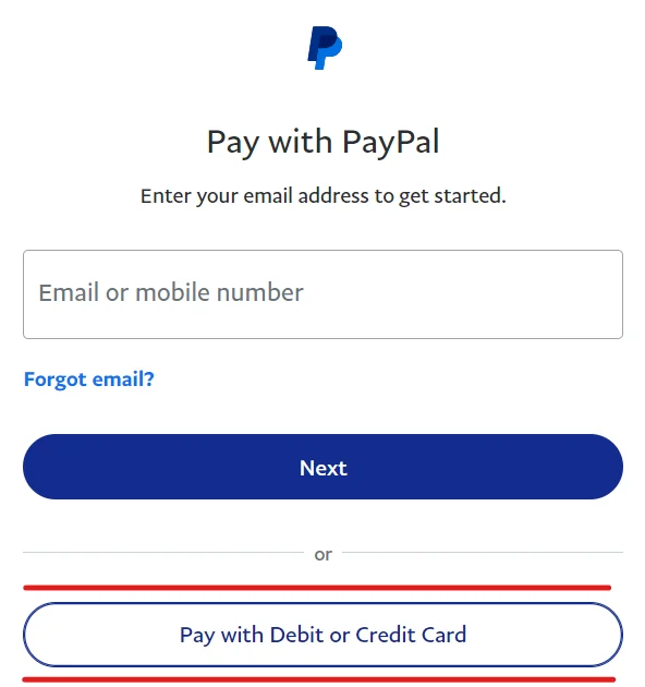 Captura de pantalla del botón de pago como invitado en la pantalla de inicio de sesión de PayPal.