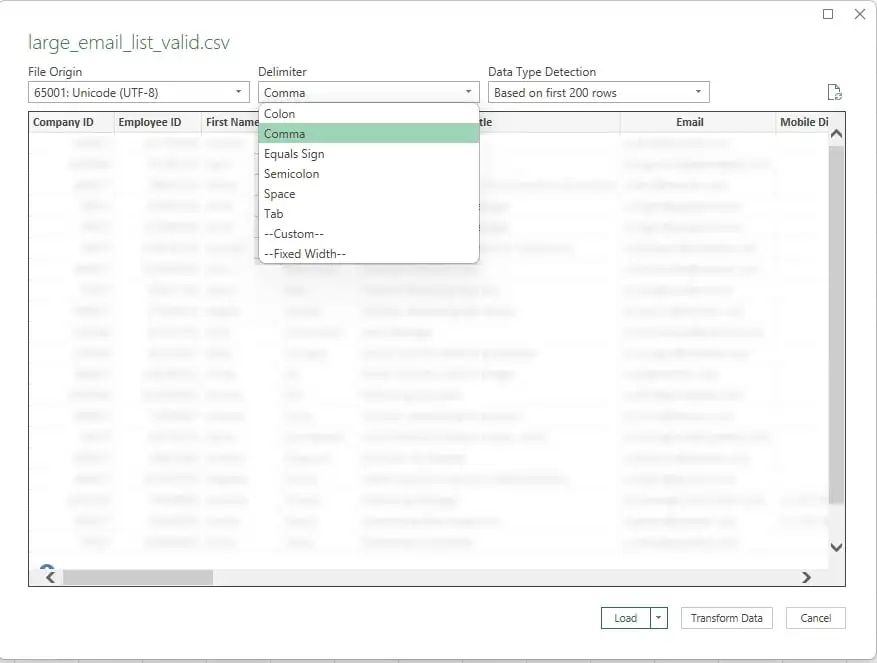 Captura de pantalla que muestra cómo seleccionar el delimitador del archivo en Microsoft Excel
