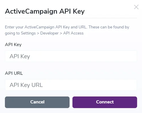 Captura de pantalla de la solicitud de clave API para la integración con ActiveCampaign