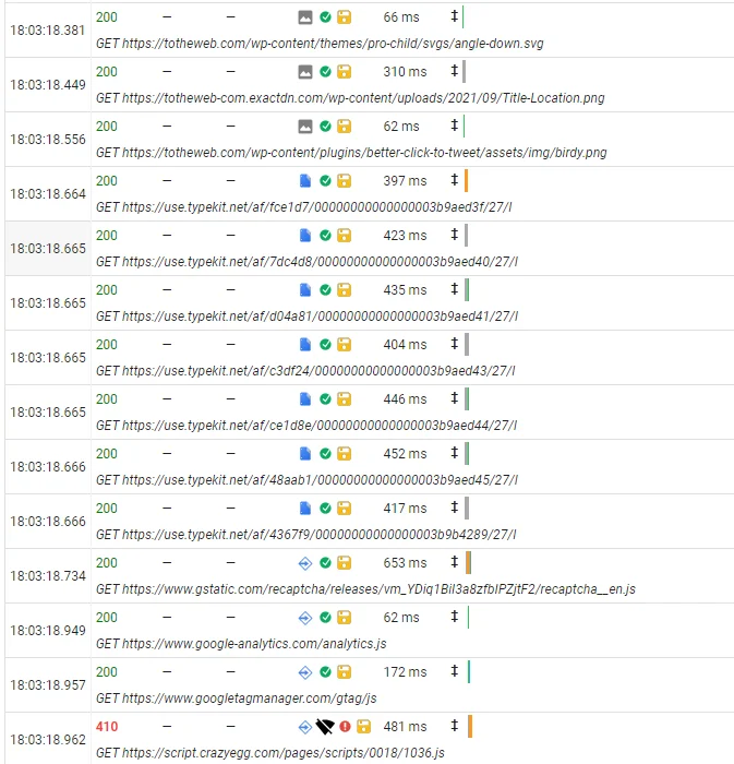 Ejemplo de archivo HAR abierto en el HAR Analyzer de Google