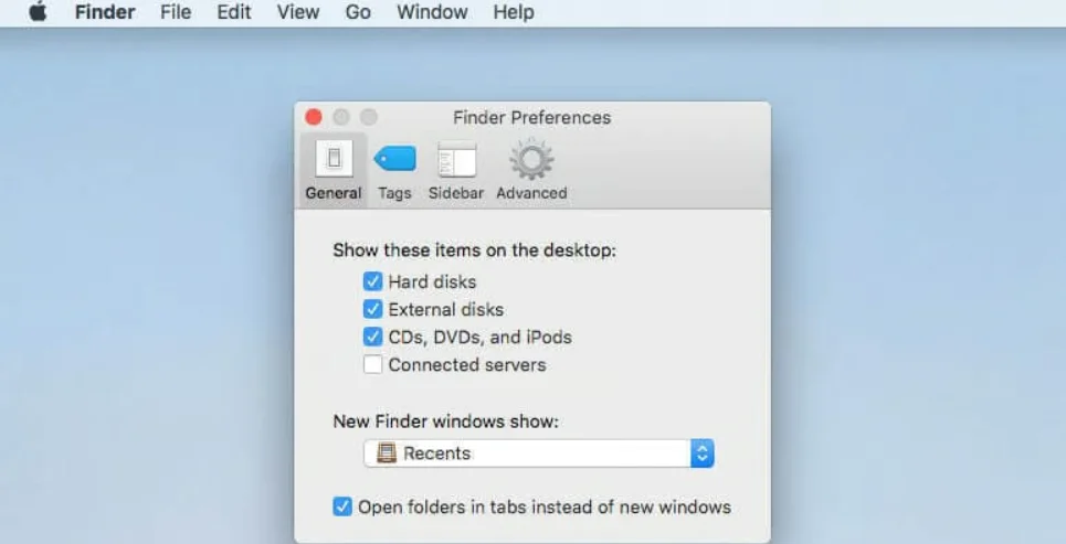 Captura de pantalla de las Preferencias del Finder en Mac OS